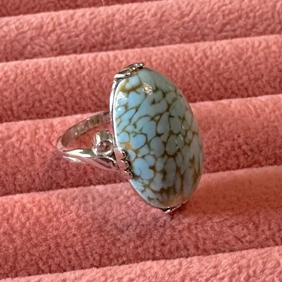 Vintage Faux Turquoise Mid Century Modern Statement Ring SZ 5 3/4 Elongated Oval - Picture 10 of 17